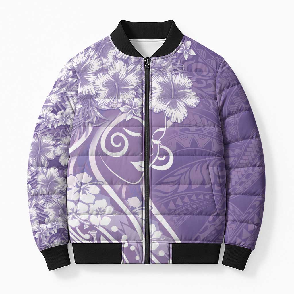 Polynesian Women's Day Bomber Puffer Jacket Purple Hibiscus Flowers With Polynesian Pattern LT05 Unisex Purple - Polynesian Pride