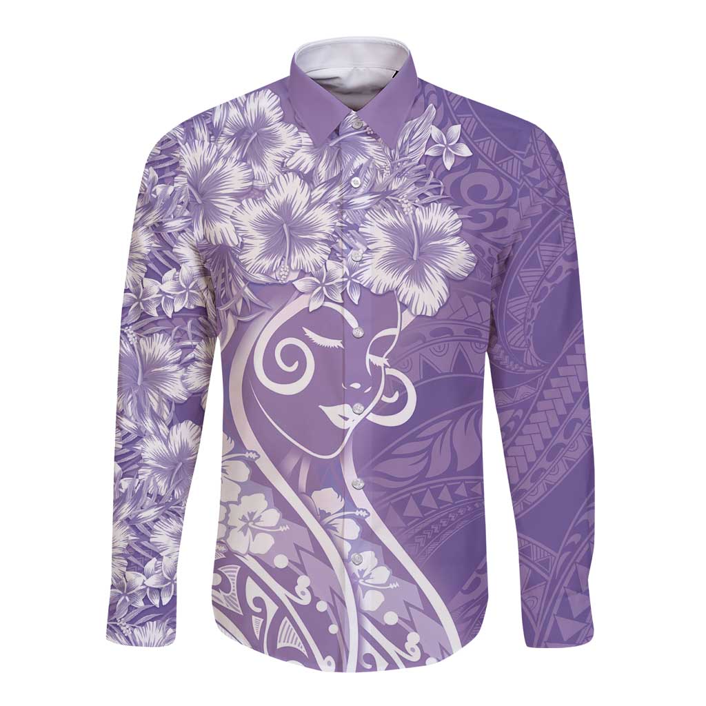 Polynesian Women's Day Long Sleeve Button Shirt Purple Hibiscus Flowers With Polynesian Pattern LT05 Unisex Purple - Polynesian Pride