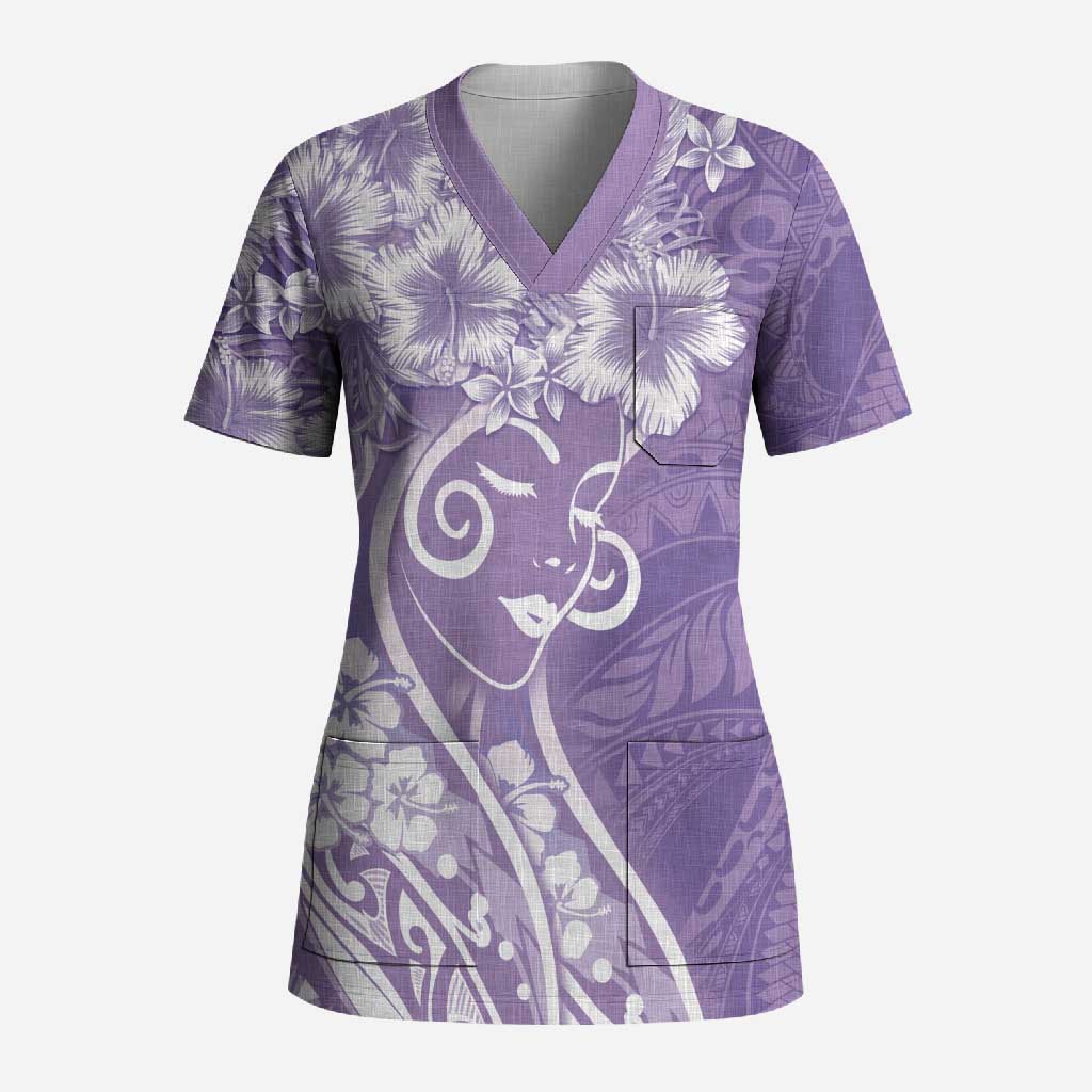 Polynesian Women's Day Scrub Top Purple Hibiscus Flowers With Polynesian Pattern LT05 Adult Purple - Polynesian Pride