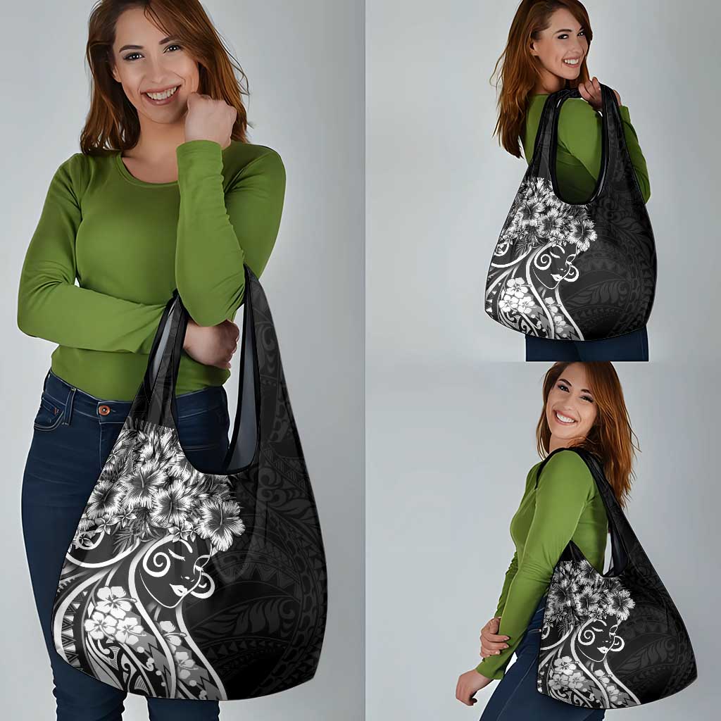 Polynesian Women's Day Grocery Bag Black Hibiscus Flowers With Polynesian Pattern LT05 - Polynesian Pride