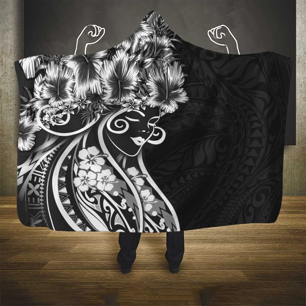Polynesian Women's Day Hooded Blanket Black Hibiscus Flowers With Polynesian Pattern LT05 - Polynesian Pride