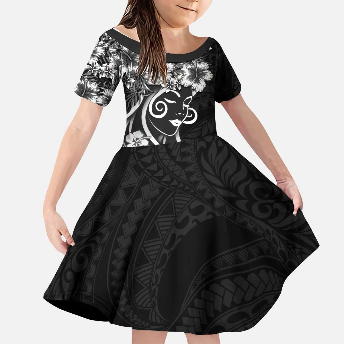 Polynesian Women's Day Kid Short Sleeve Dress Black Hibiscus Flowers With Polynesian Pattern LT05 KID Black - Polynesian Pride
