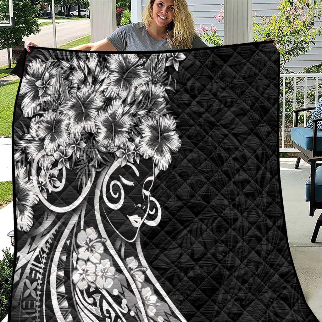 Polynesian Women's Day Quilt Black Hibiscus Flowers With Polynesian Pattern LT05 Black - Polynesian Pride