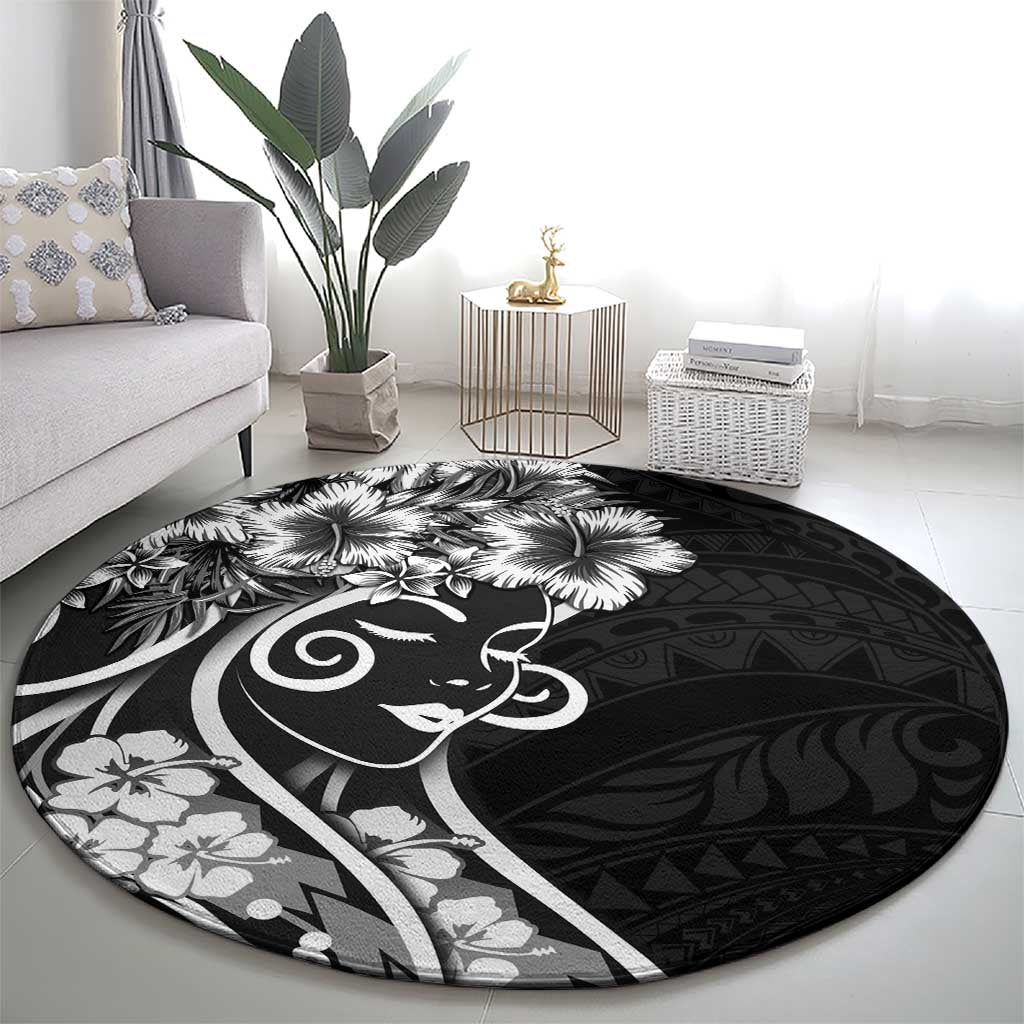 Polynesian Women's Day Round Carpet Black Hibiscus Flowers With Polynesian Pattern LT05 - Polynesian Pride