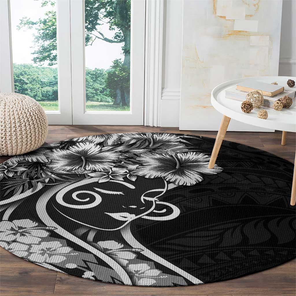 Polynesian Women's Day Round Carpet Black Hibiscus Flowers With Polynesian Pattern LT05 - Polynesian Pride