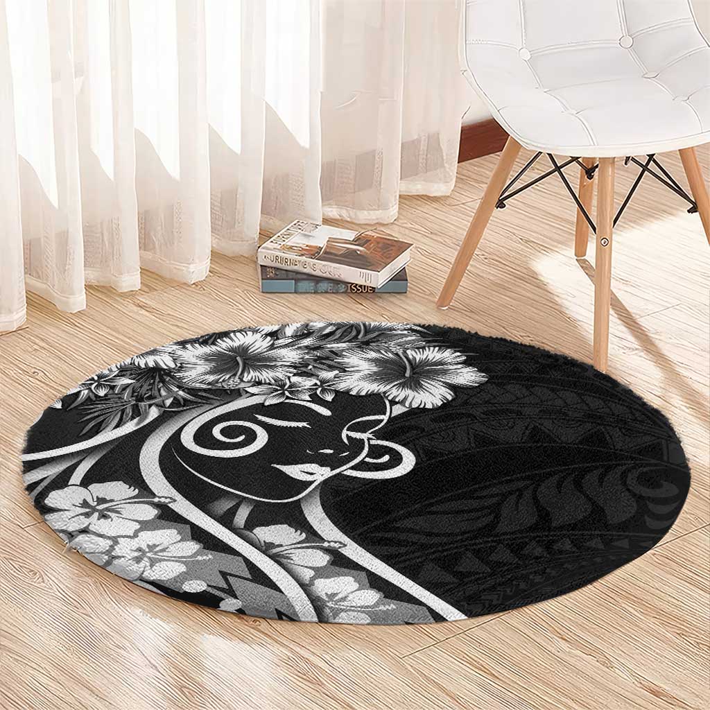 Polynesian Women's Day Round Carpet Black Hibiscus Flowers With Polynesian Pattern LT05 - Polynesian Pride