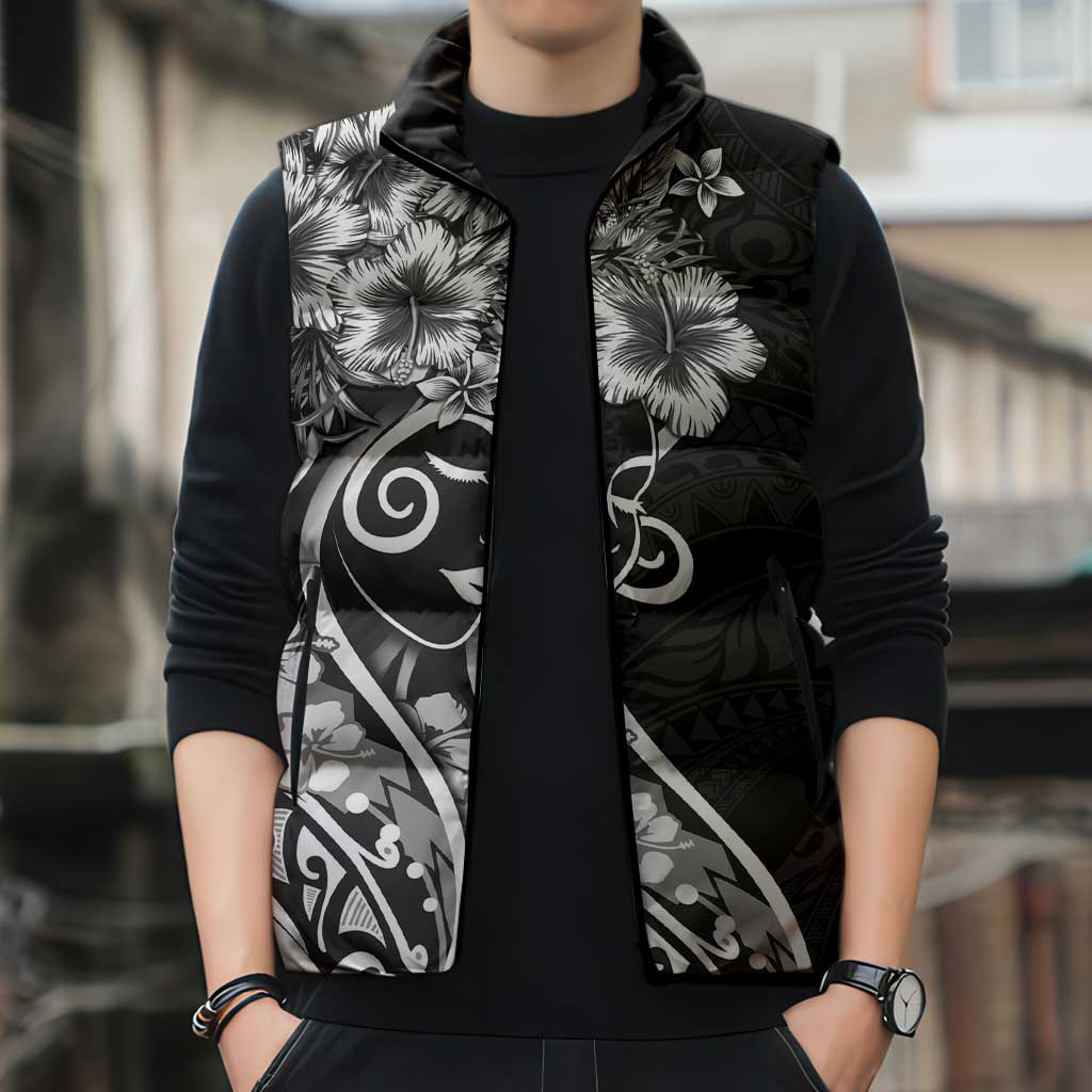 Polynesian Women's Day Sleeveless Puffer Jacket Black Hibiscus Flowers With Polynesian Pattern LT05 - Polynesian Pride