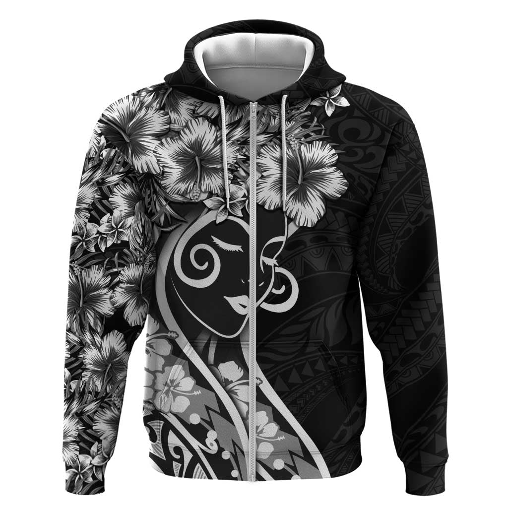 Polynesian Women's Day Zip Hoodie Black Hibiscus Flowers With Polynesian Pattern LT05 Zip Hoodie Black - Polynesian Pride