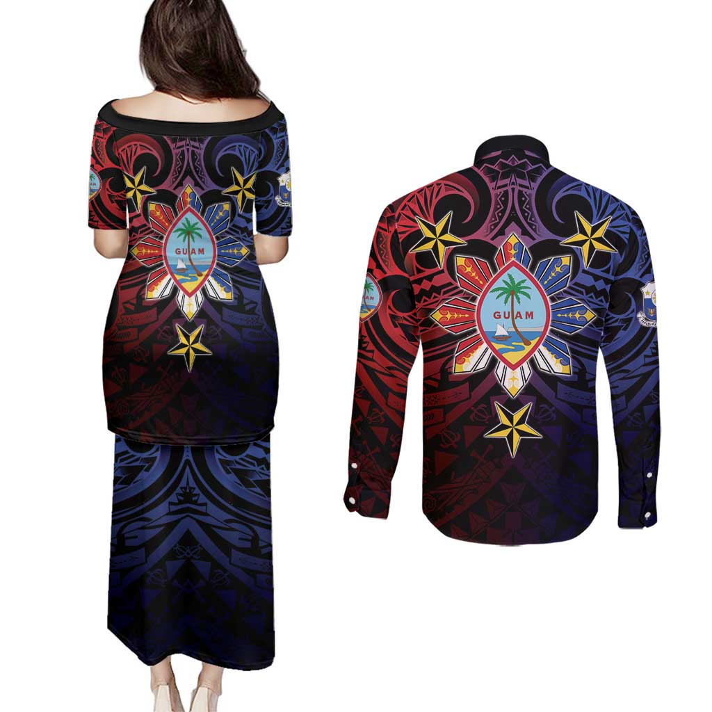 Philippines Guam Couples Matching Puletasi and Long Sleeve Button Shirt Filipino Sun With Guaman Seal LT05 - Polynesian Pride