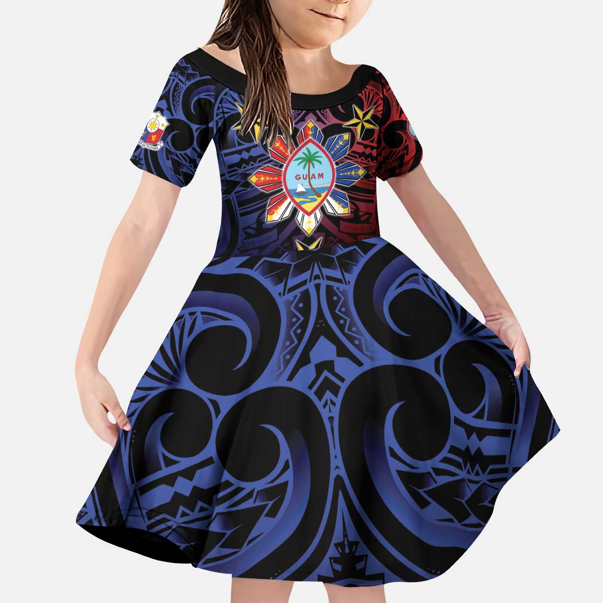 Philippines Guam Kid Short Sleeve Dress Filipino Sun With Guaman Seal LT05 KID Blue - Polynesian Pride
