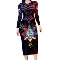 Philippines Guam Long Sleeve Bodycon Dress Filipino Sun With Guaman Seal LT05 Long Dress Blue - Polynesian Pride