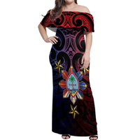Philippines Guam Off Shoulder Maxi Dress Filipino Sun With Guaman Seal LT05 Women Blue - Polynesian Pride