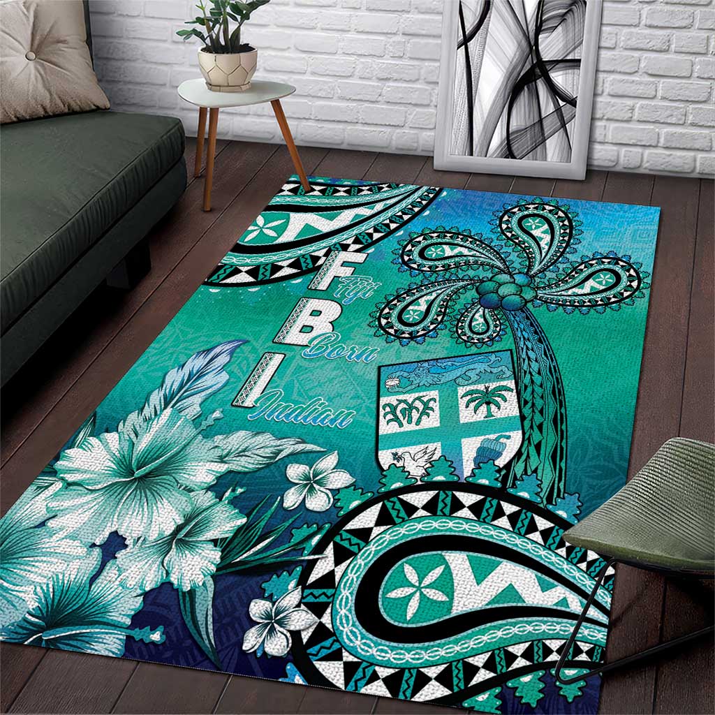 Fiji Born Indian Area Rug Palm Paisley With Tapa Pattern LT05 Aqua - Polynesian Pride