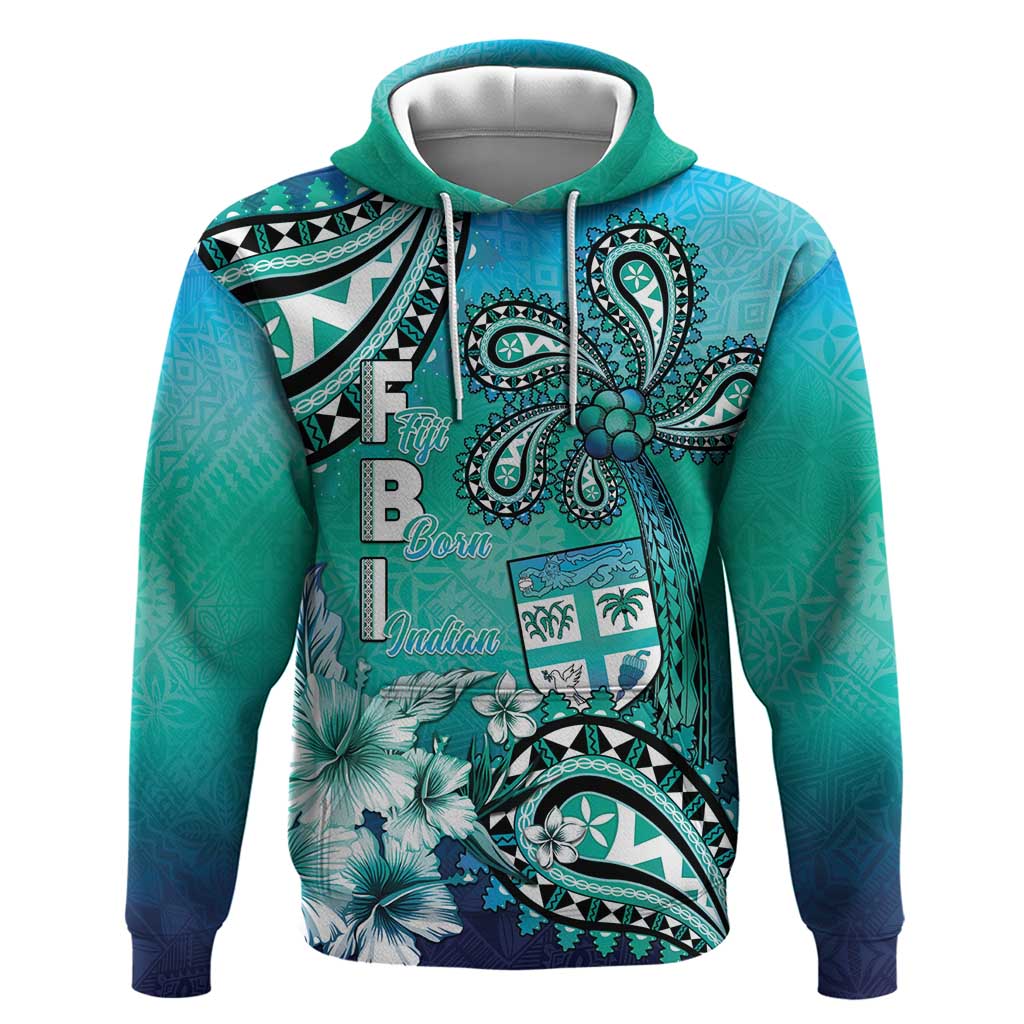 Fiji Born Indian Hoodie Palm Paisley With Tapa Pattern LT05 Pullover Hoodie Aqua - Polynesian Pride