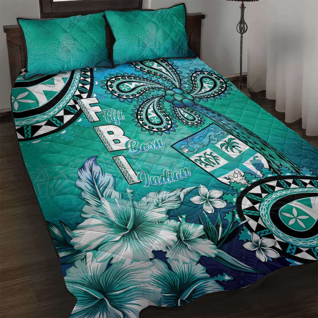 Fiji Born Indian Quilt Bed Set Palm Paisley With Tapa Pattern LT05 Aqua - Polynesian Pride