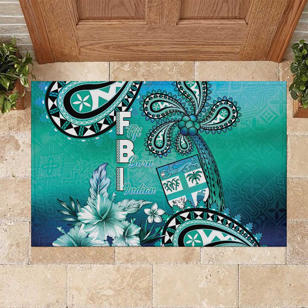 Fiji Born Indian Rubber Doormat Palm Paisley With Tapa Pattern LT05 Aqua - Polynesian Pride