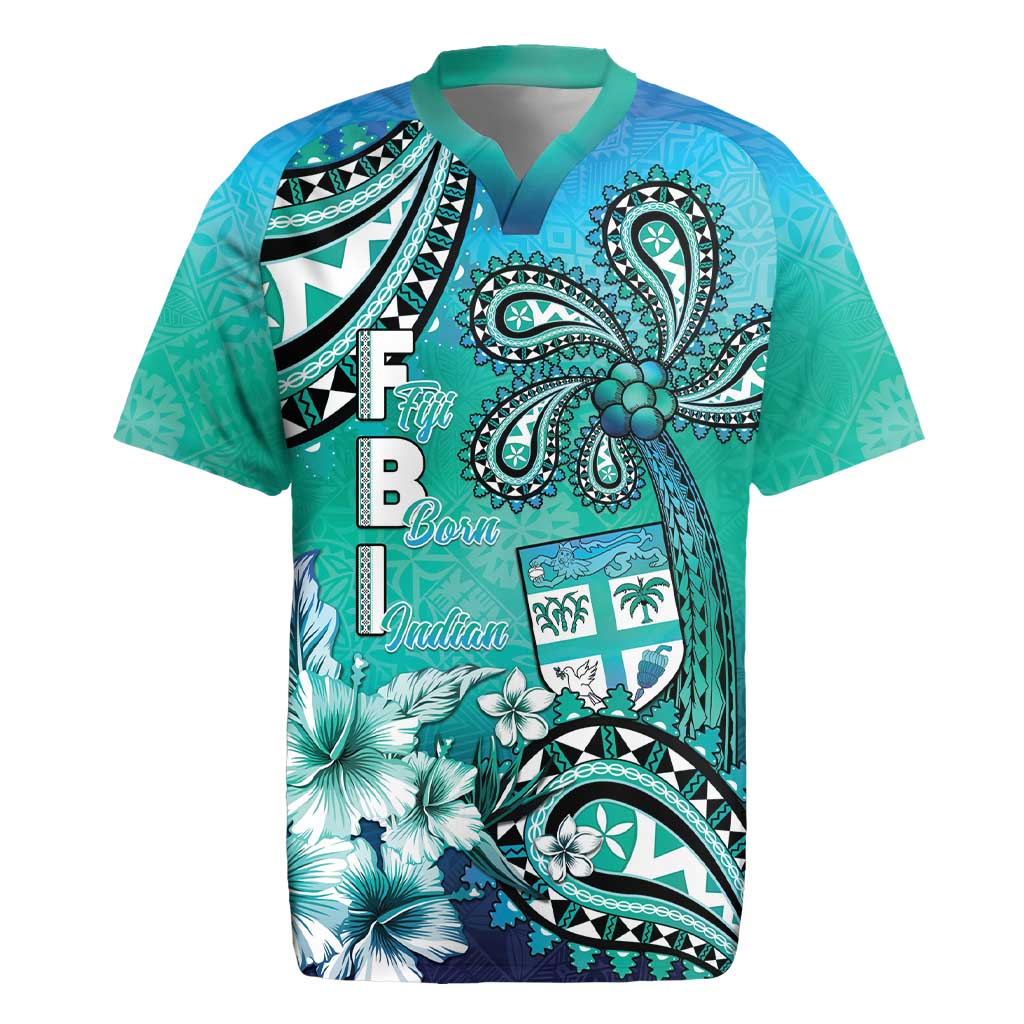 Fiji Born Indian Rugby Jersey Palm Paisley With Tapa Pattern LT05 Aqua - Polynesian Pride