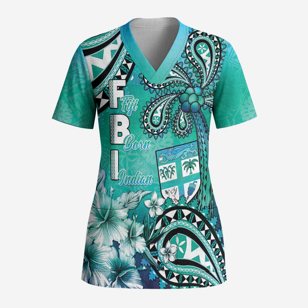 Fiji Born Indian Scrub Top Palm Paisley With Tapa Pattern LT05 Adult Aqua - Polynesian Pride