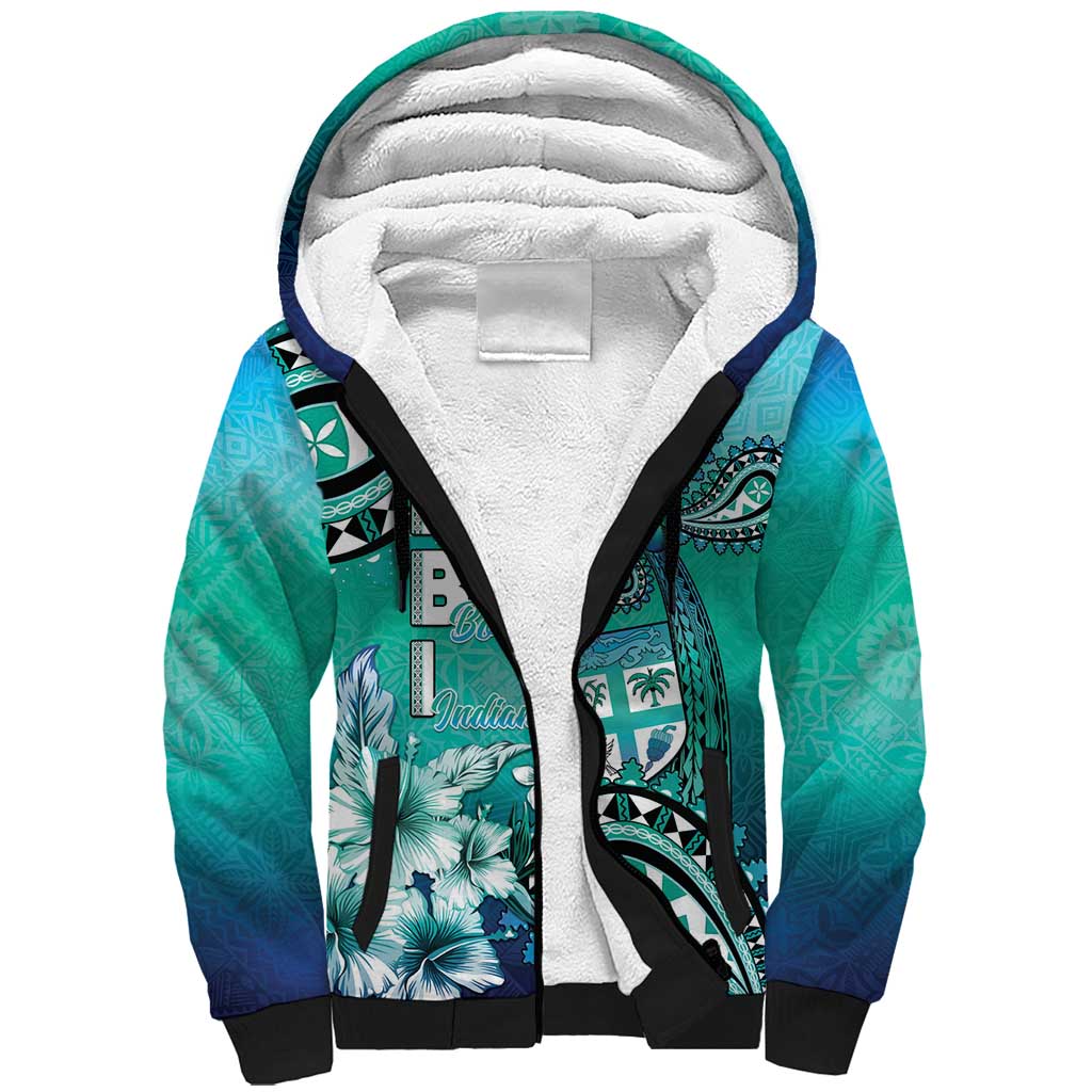 Fiji Born Indian Sherpa Hoodie Palm Paisley With Tapa Pattern LT05 Unisex Aqua - Polynesian Pride