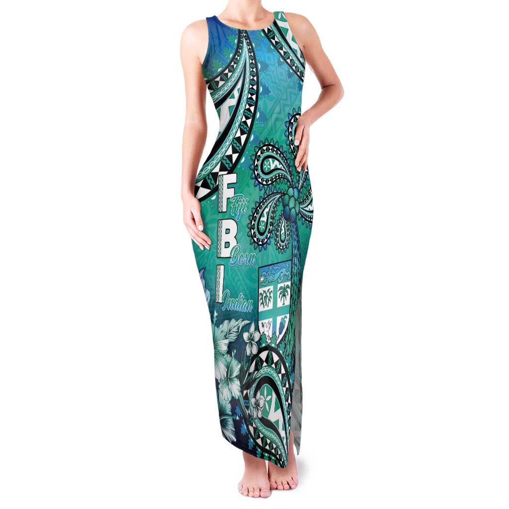Fiji Born Indian Tank Maxi Dress Palm Paisley With Tapa Pattern LT05 Women Aqua - Polynesian Pride