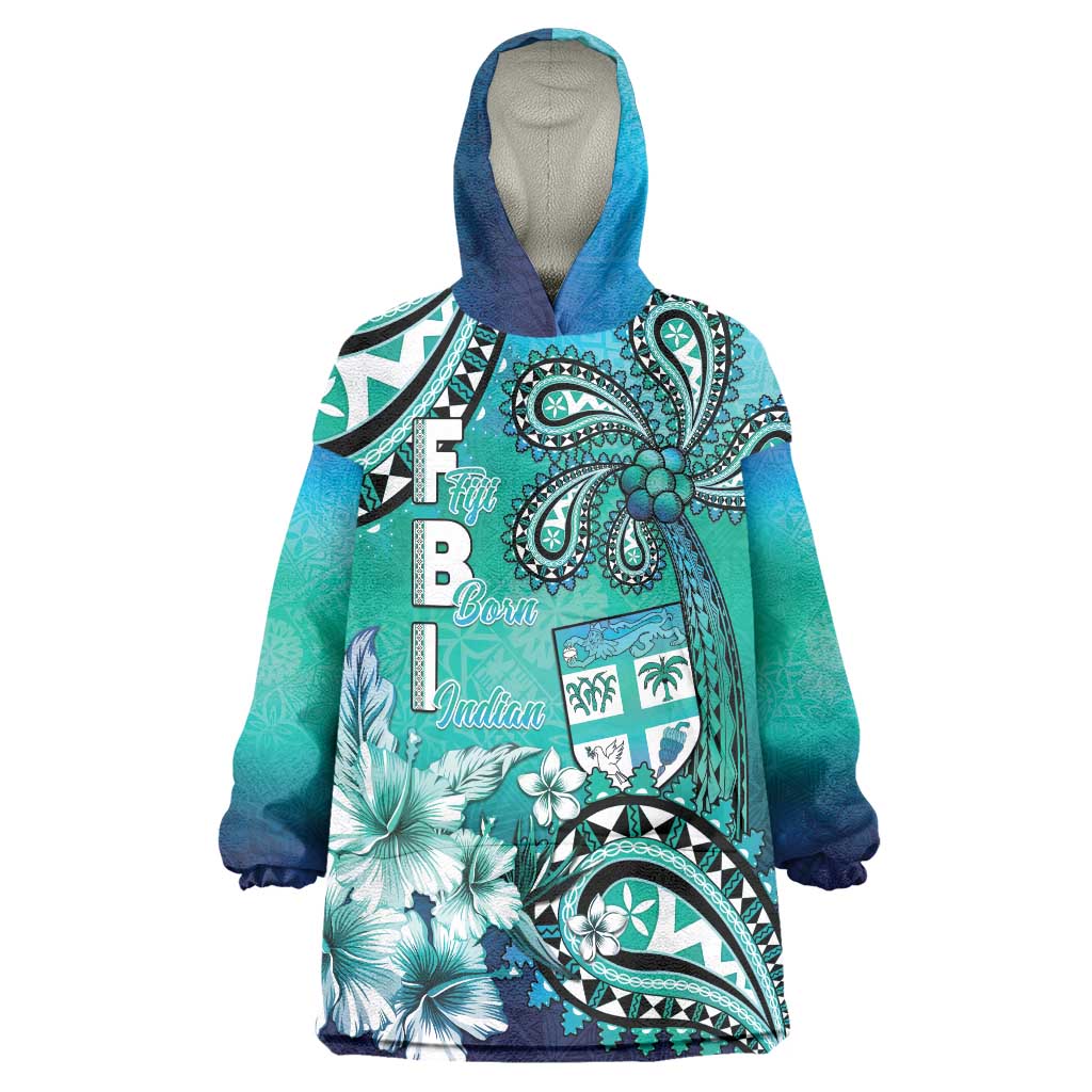 Fiji Born Indian Wearable Blanket Hoodie Palm Paisley With Tapa Pattern LT05 One Size Aqua - Polynesian Pride