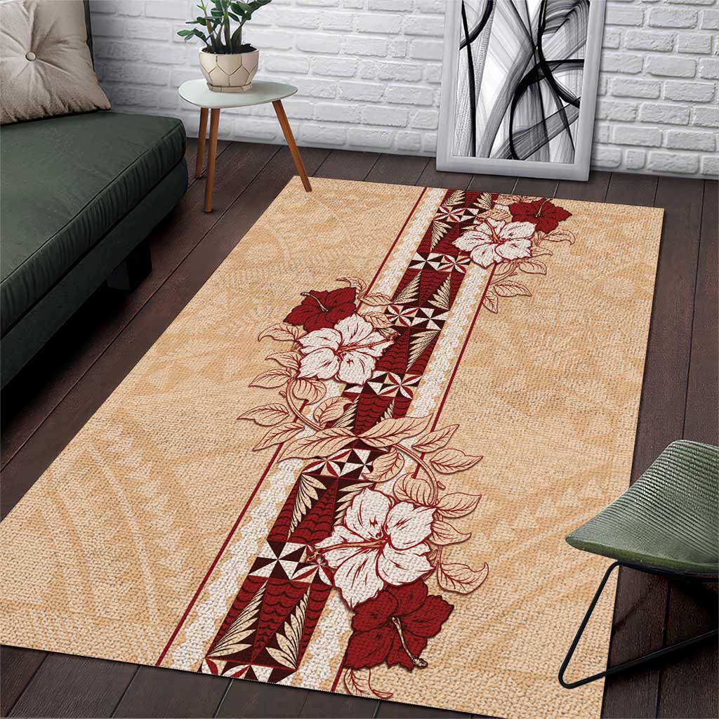 Tonga Language Week Area Rug Hibiscus Tongan Ngatu Pattern LT05 Beige - Polynesian Pride