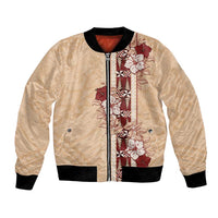 Tonga Language Week Bomber Jacket Hibiscus Tongan Ngatu Pattern LT05 Unisex Beige - Polynesian Pride