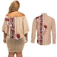 Tonga Language Week Couples Matching Off Shoulder Short Dress and Long Sleeve Button Shirt Hibiscus Tongan Ngatu Pattern LT05 - Polynesian Pride