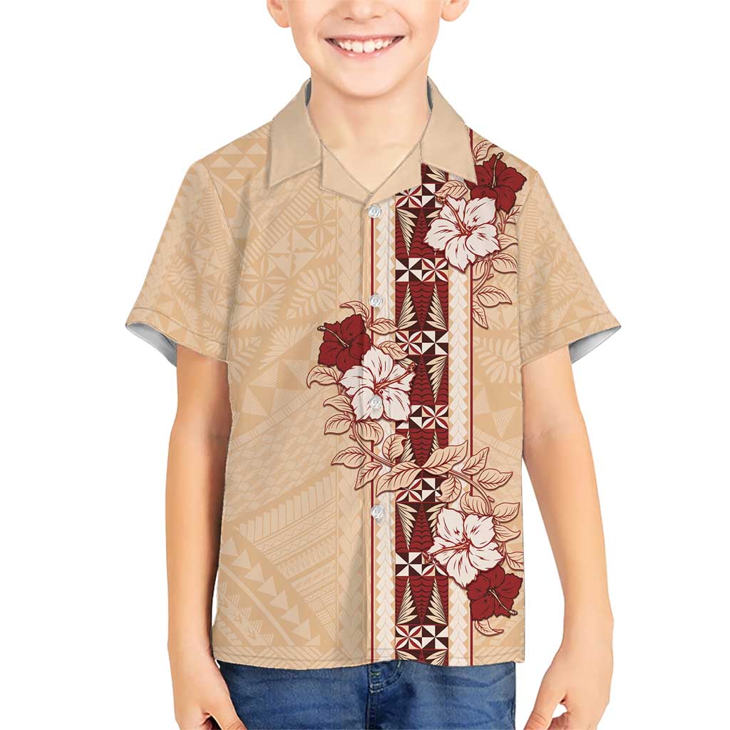 Tonga Language Week Kid Hawaiian Shirt Hibiscus Tongan Ngatu Pattern LT05 Kid Beige - Polynesian Pride