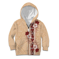 Tonga Language Week Kid Hoodie Hibiscus Tongan Ngatu Pattern LT05 Zip Hoodie Beige - Polynesian Pride