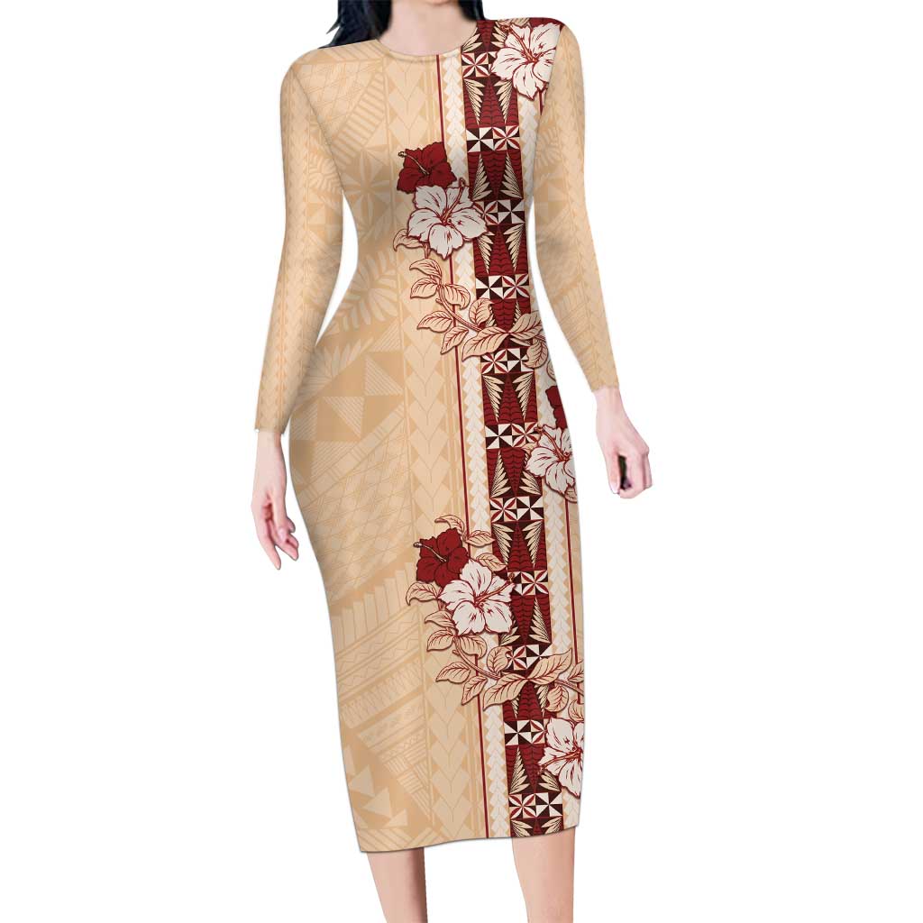 Tonga Language Week Long Sleeve Bodycon Dress Hibiscus Tongan Ngatu Pattern LT05 Long Dress Beige - Polynesian Pride