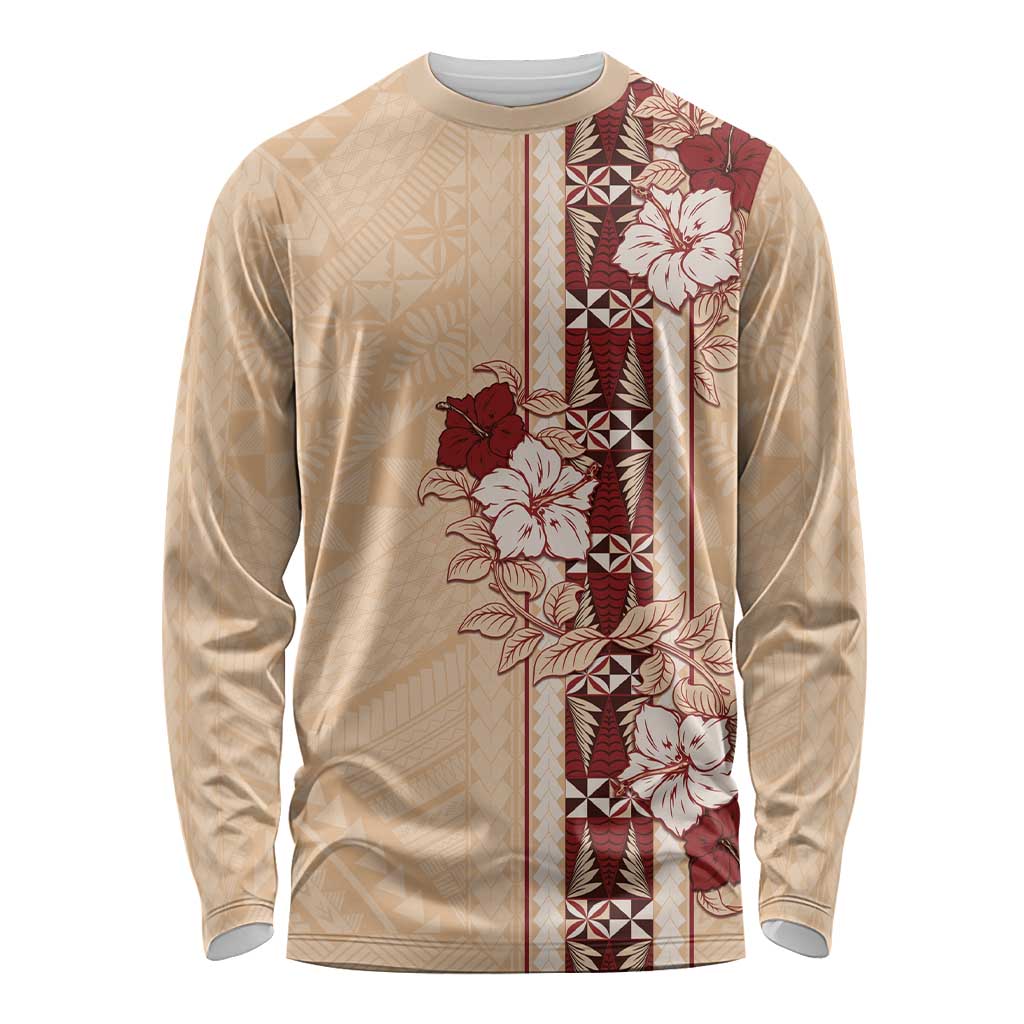 Tonga Language Week Long Sleeve Shirt Hibiscus Tongan Ngatu Pattern LT05 Unisex Beige - Polynesian Pride