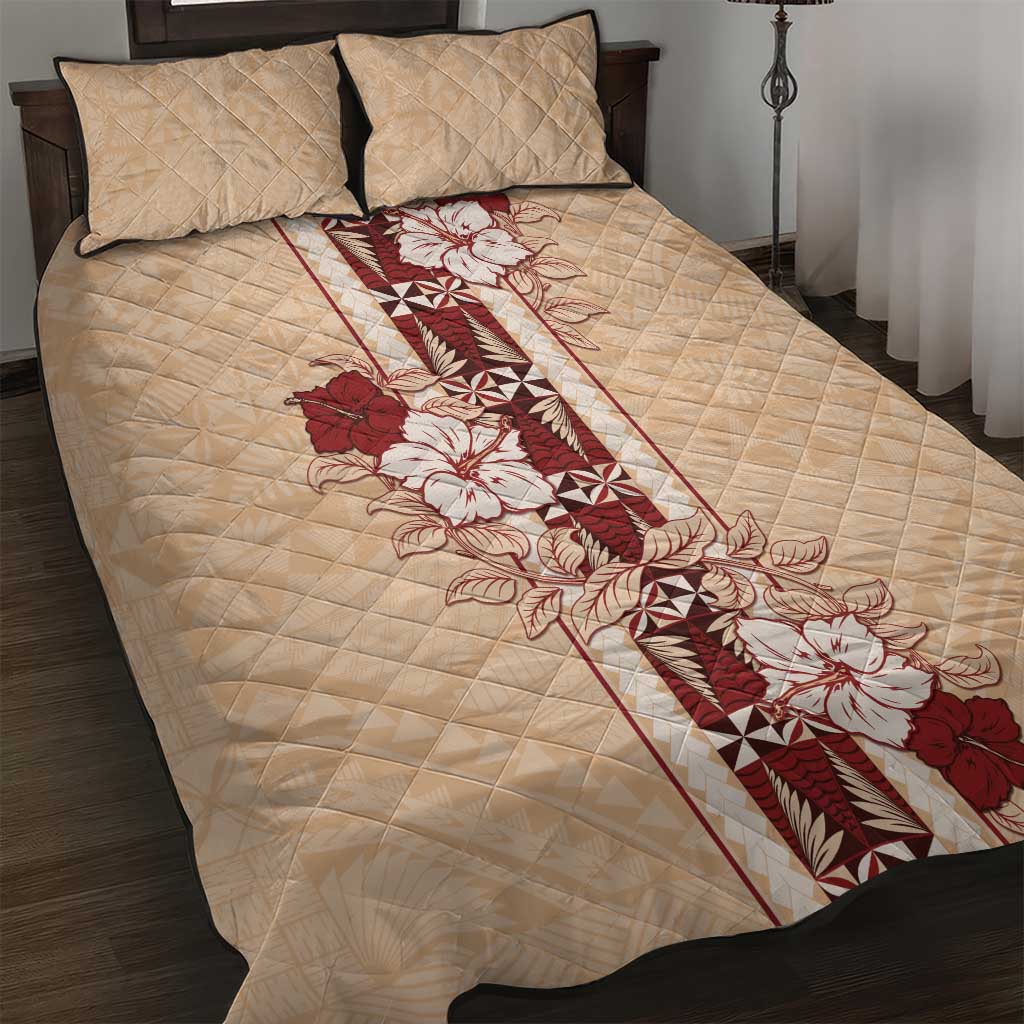 Tonga Language Week Quilt Bed Set Hibiscus Tongan Ngatu Pattern LT05 Beige - Polynesian Pride