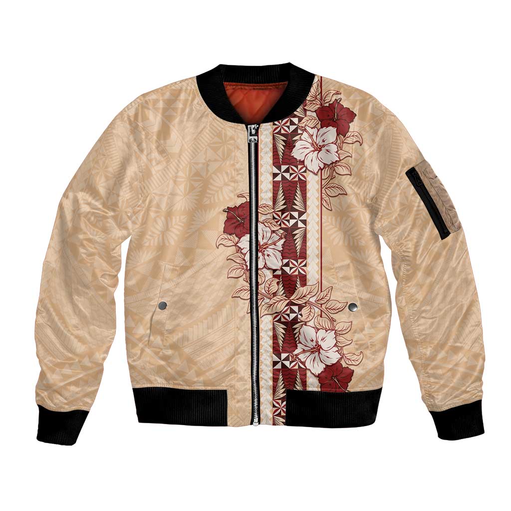 Tonga Language Week Sleeve Zip Bomber Jacket Hibiscus Tongan Ngatu Pattern LT05 Unisex Beige - Polynesian Pride