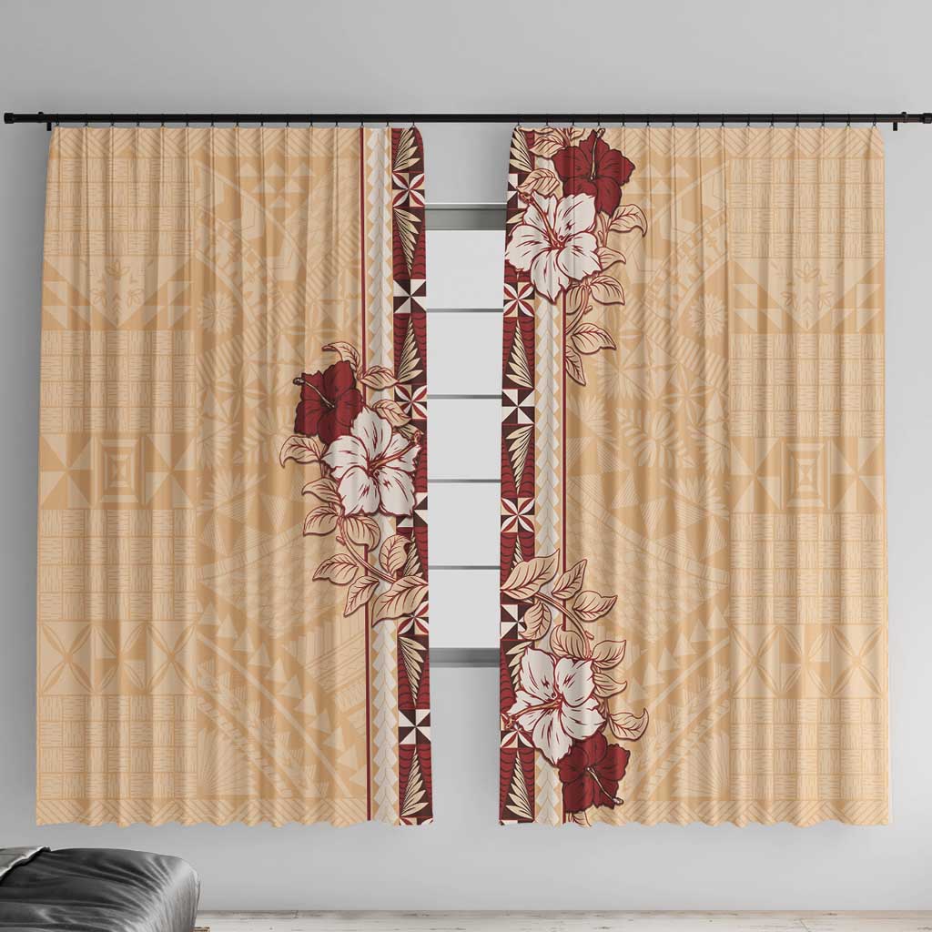 Tonga Language Week Window Curtain Hibiscus Tongan Ngatu Pattern LT05 With Hooks Beige - Polynesian Pride