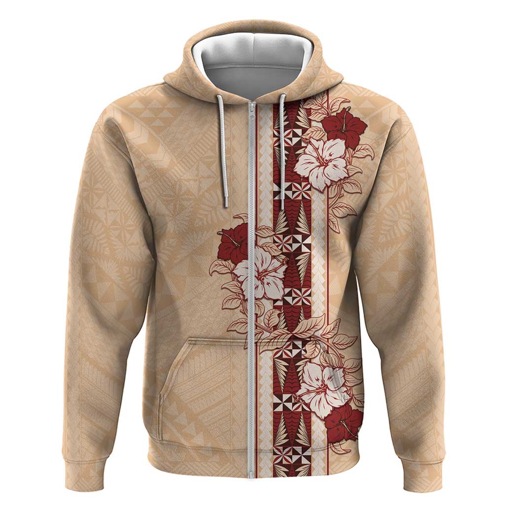 Tonga Language Week Zip Hoodie Hibiscus Tongan Ngatu Pattern LT05 Zip Hoodie Beige - Polynesian Pride