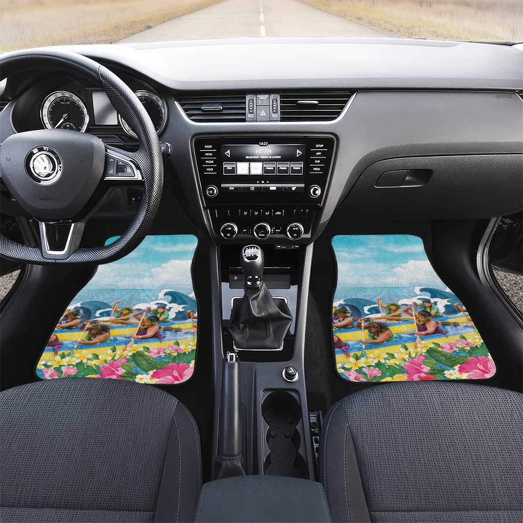 Hawaii Outrigger Canoe Race Car Mats Polynesian Style Watercolor Style LT05 Set 2pcs - Front Blue - Polynesian Pride
