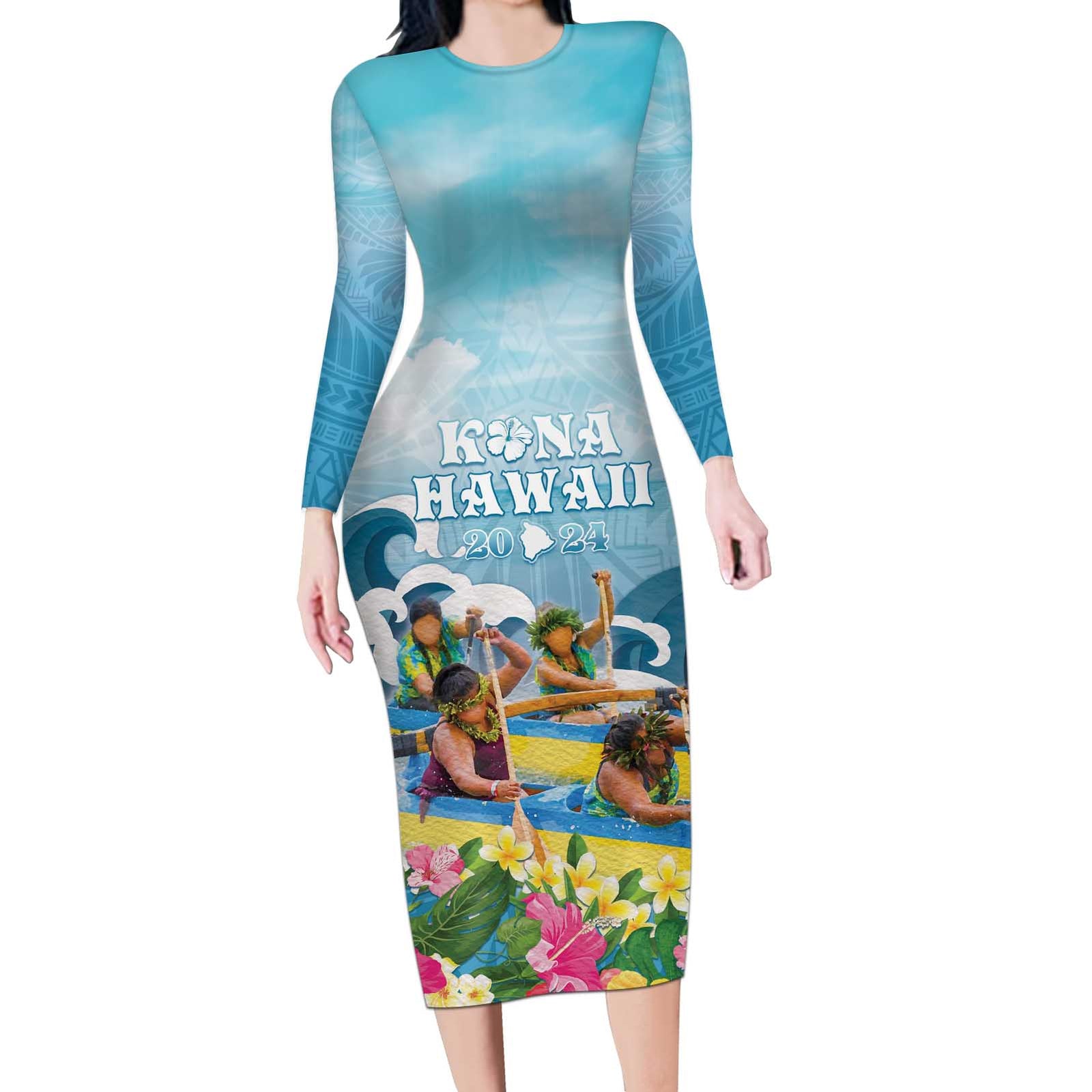 Hawaii Outrigger Canoe Race Long Sleeve Bodycon Dress Polynesian Style Watercolor Style LT05 Long Dress Blue - Polynesian Pride