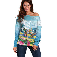 Hawaii Outrigger Canoe Race Off Shoulder Sweater Polynesian Style Watercolor Style LT05 Women Blue - Polynesian Pride