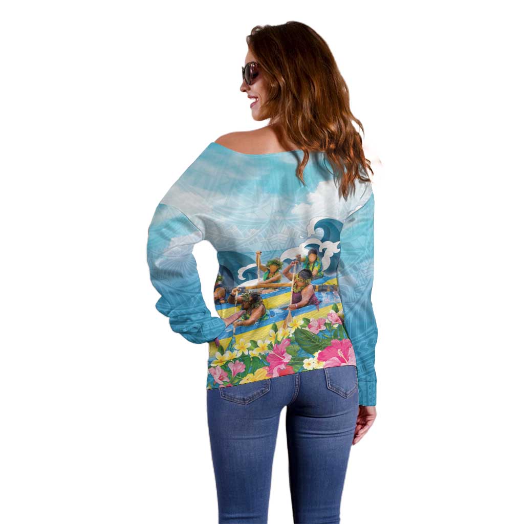 Hawaii Outrigger Canoe Race Off Shoulder Sweater Polynesian Style Watercolor Style LT05 - Polynesian Pride