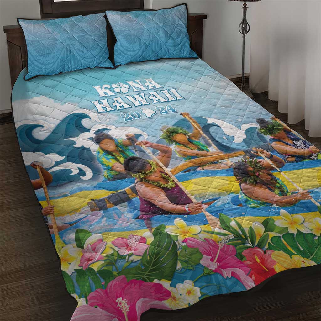 Hawaii Outrigger Canoe Race Quilt Bed Set Polynesian Style Watercolor Style LT05 Blue - Polynesian Pride