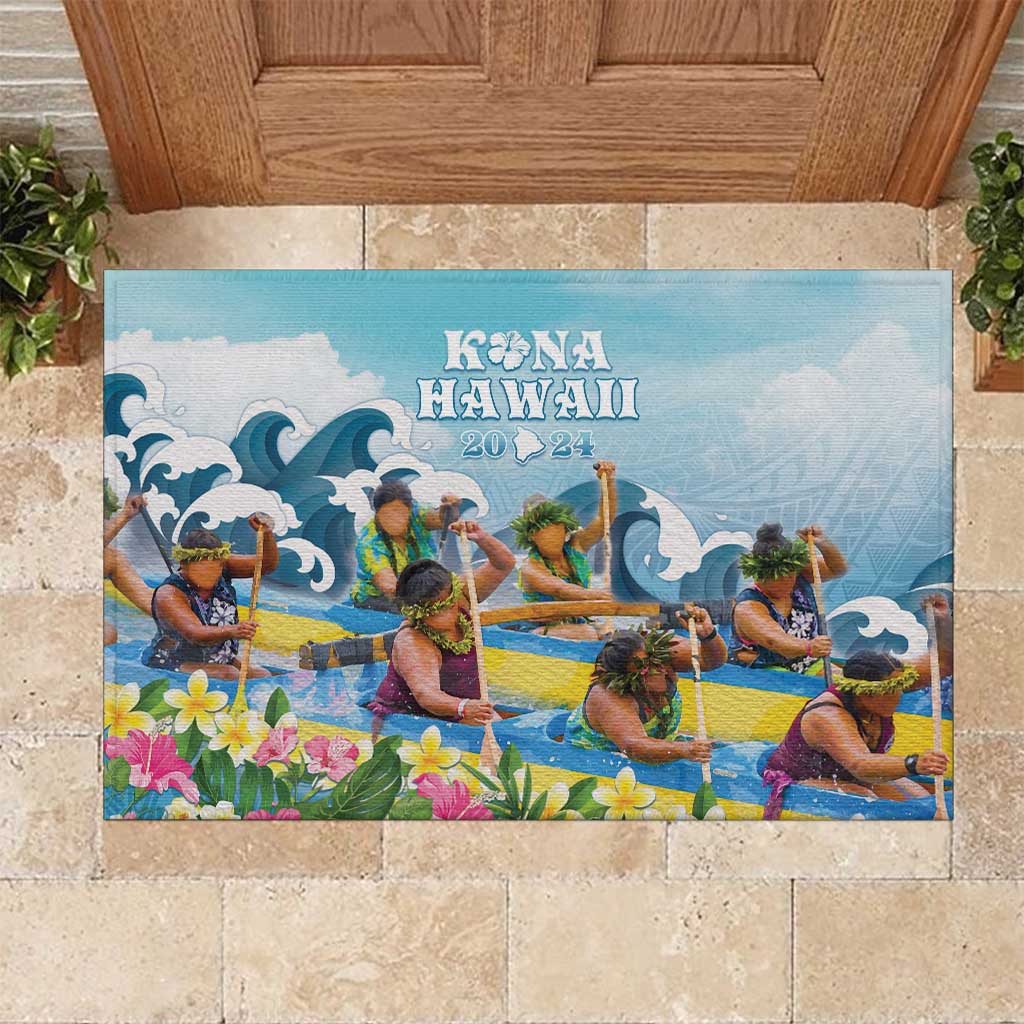 Hawaii Outrigger Canoe Race Rubber Doormat Polynesian Style Watercolor Style LT05 Blue - Polynesian Pride