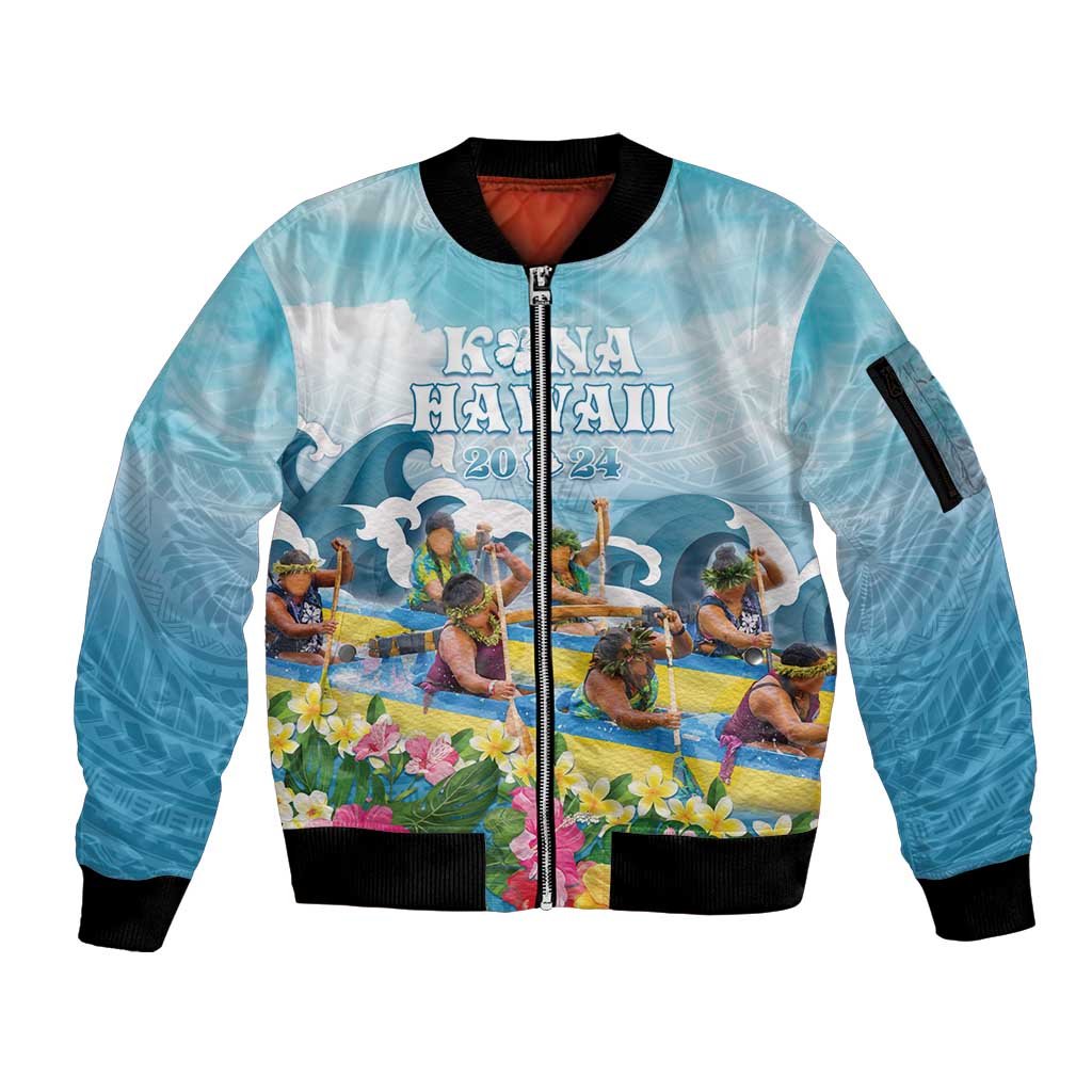 Hawaii Outrigger Canoe Race Sleeve Zip Bomber Jacket Polynesian Style Watercolor Style LT05 Unisex Blue - Polynesian Pride