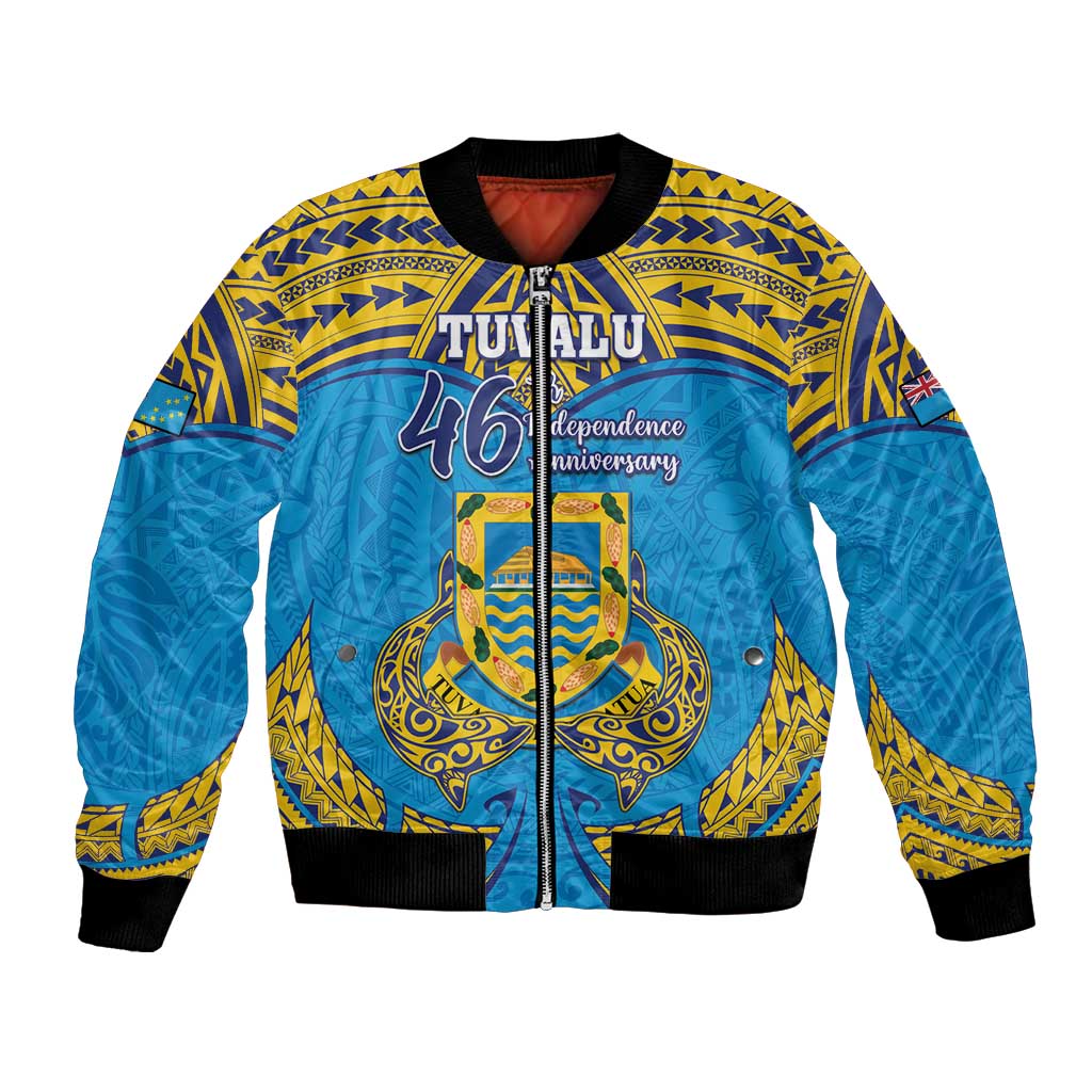 Personalised Tuvalu Independence Day Bomber Jacket Coat Of Arms With Polynesian Dolphin Tattoo LT05 Unisex Blue - Polynesian Pride