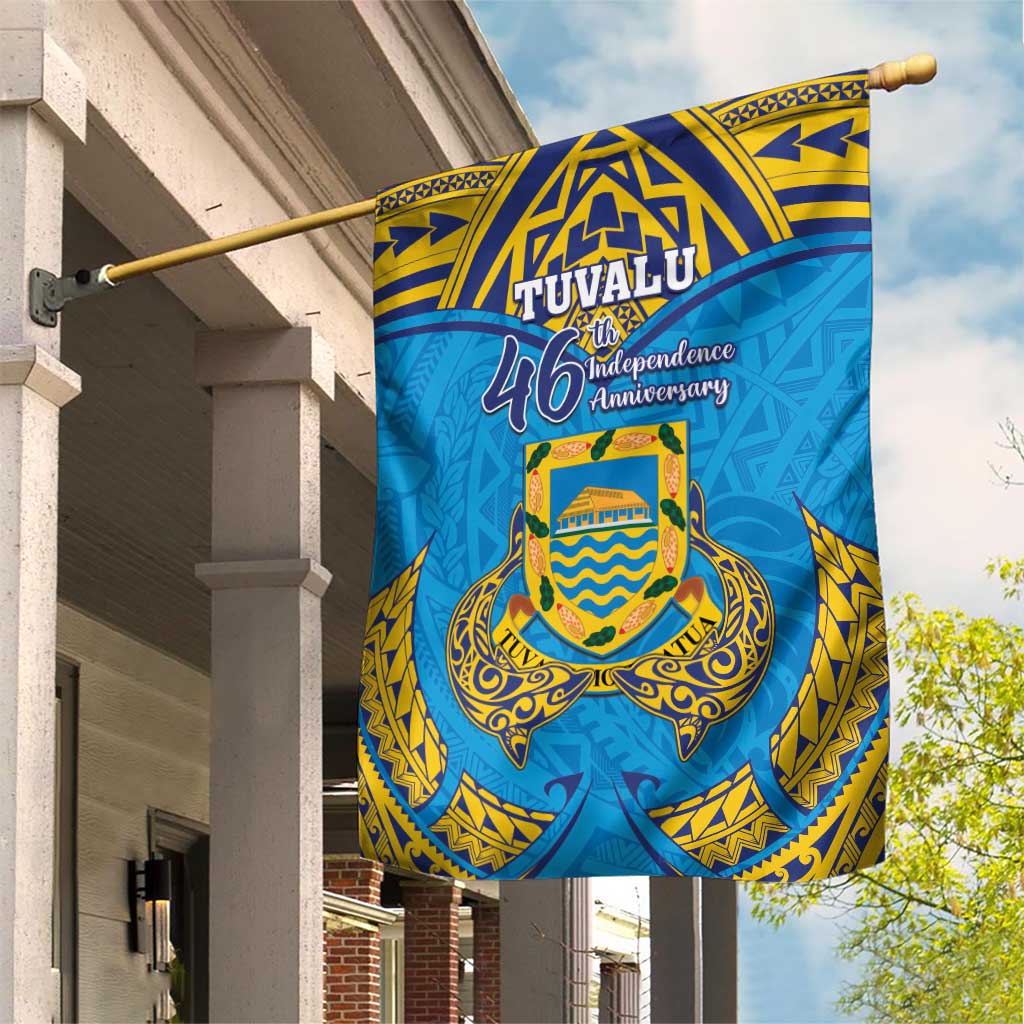 Tuvalu Independence Day Garden Flag Coat Of Arms With Polynesian Dolphin Tattoo LT05 House Flag Blue - Polynesian Pride
