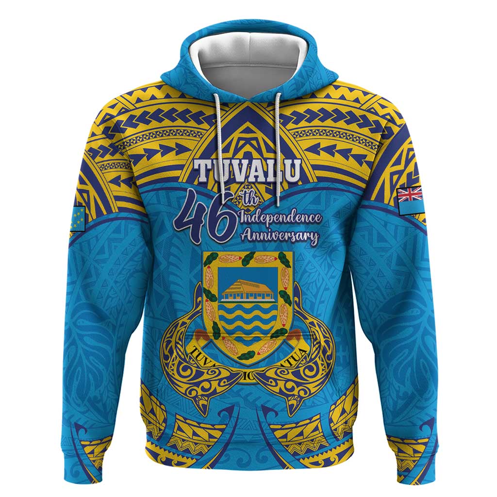 Personalised Tuvalu Independence Day Hoodie Coat Of Arms With Polynesian Dolphin Tattoo LT05 Pullover Hoodie Blue - Polynesian Pride