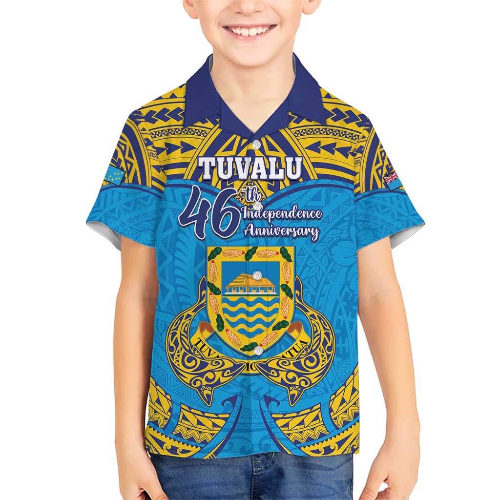 Personalised Tuvalu Independence Day Kid Hawaiian Shirt Coat Of Arms With Polynesian Dolphin Tattoo LT05 Kid Blue - Polynesian Pride