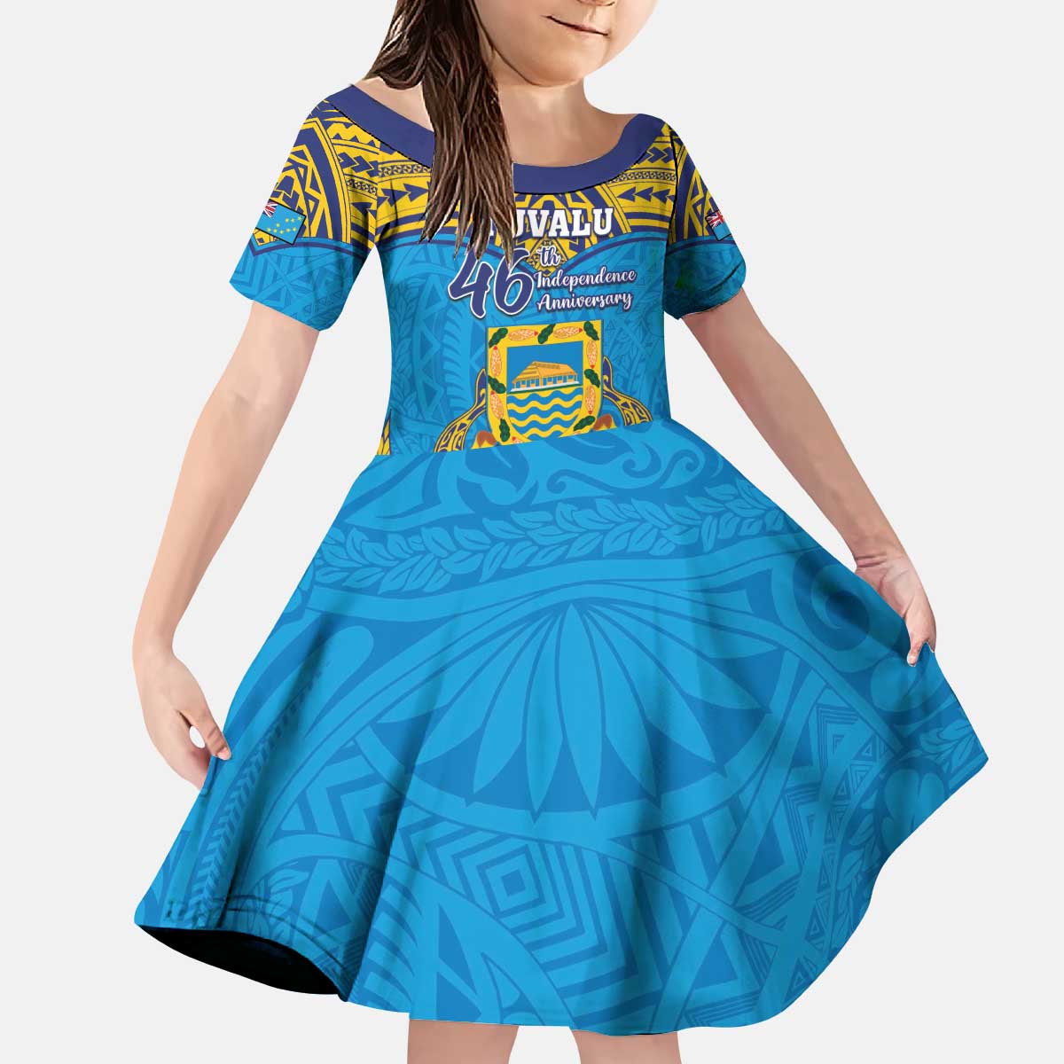 Personalised Tuvalu Independence Day Kid Short Sleeve Dress Coat Of Arms With Polynesian Dolphin Tattoo LT05 KID Blue - Polynesian Pride