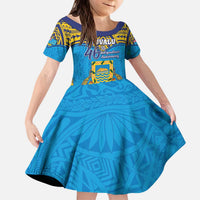 Personalised Tuvalu Independence Day Kid Short Sleeve Dress Coat Of Arms With Polynesian Dolphin Tattoo LT05 KID Blue - Polynesian Pride