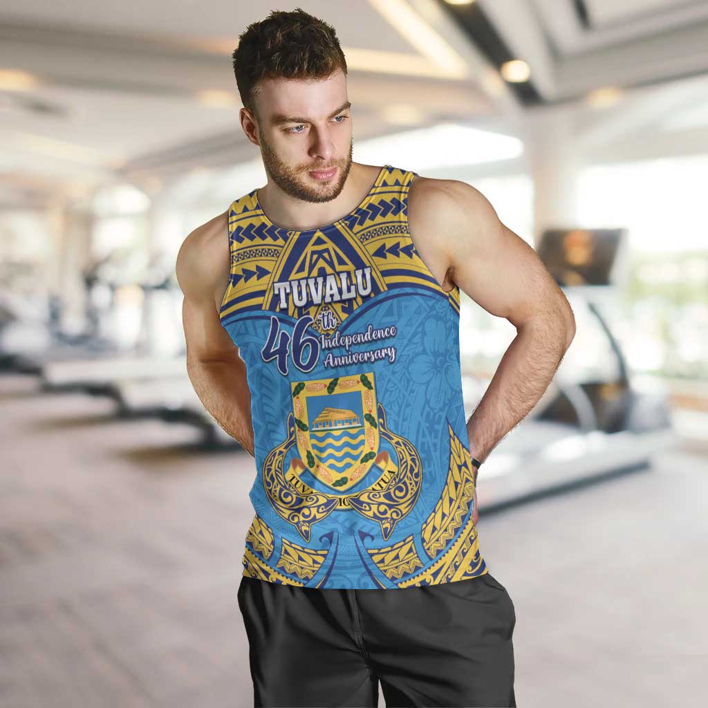 Personalised Tuvalu Independence Day Men Tank Top Coat Of Arms With Polynesian Dolphin Tattoo LT05 Blue - Polynesian Pride